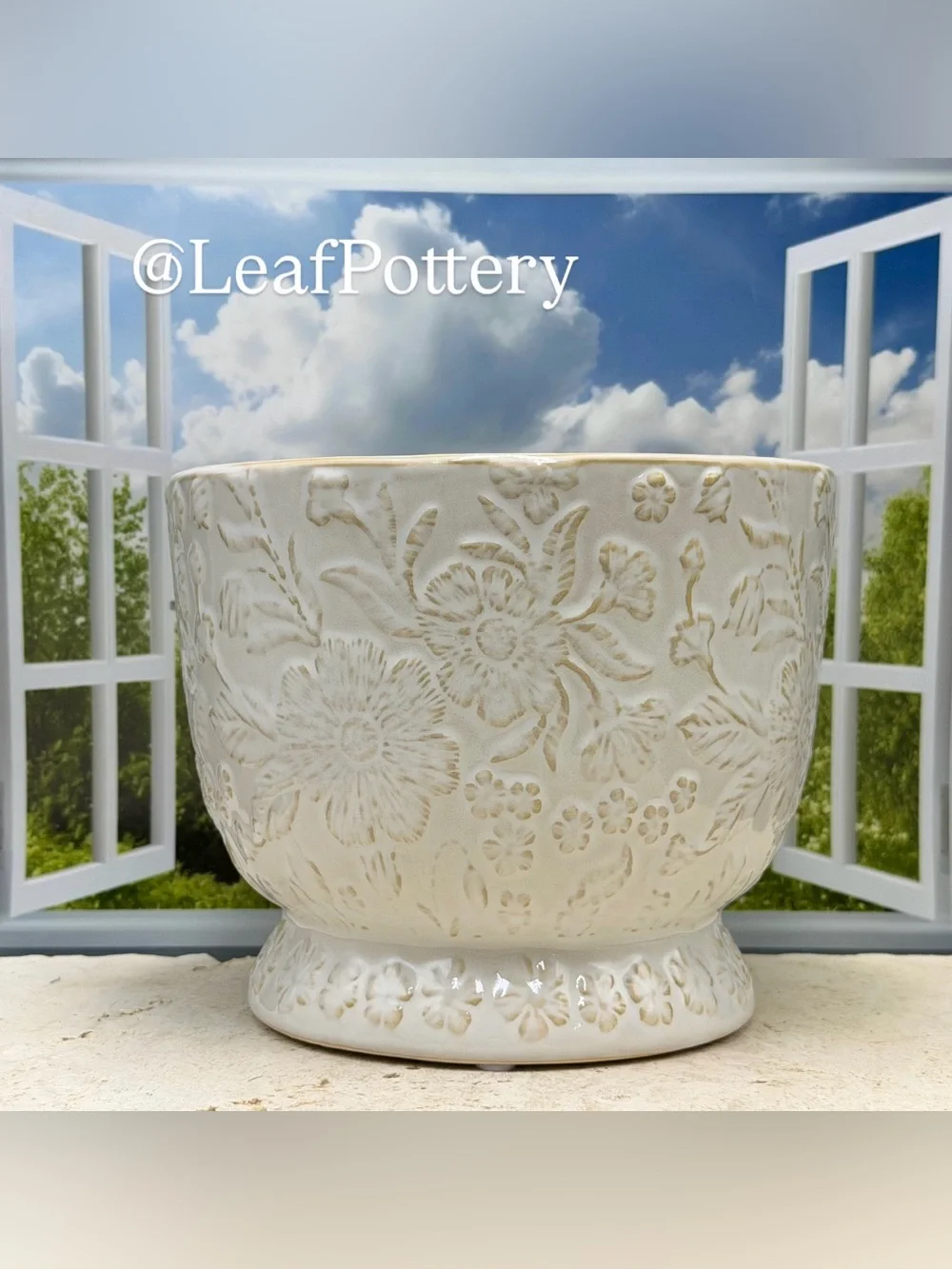 Ceramic Floral Planter with Drainage Hole - 7.5 Inch White Embossed Flower Pot